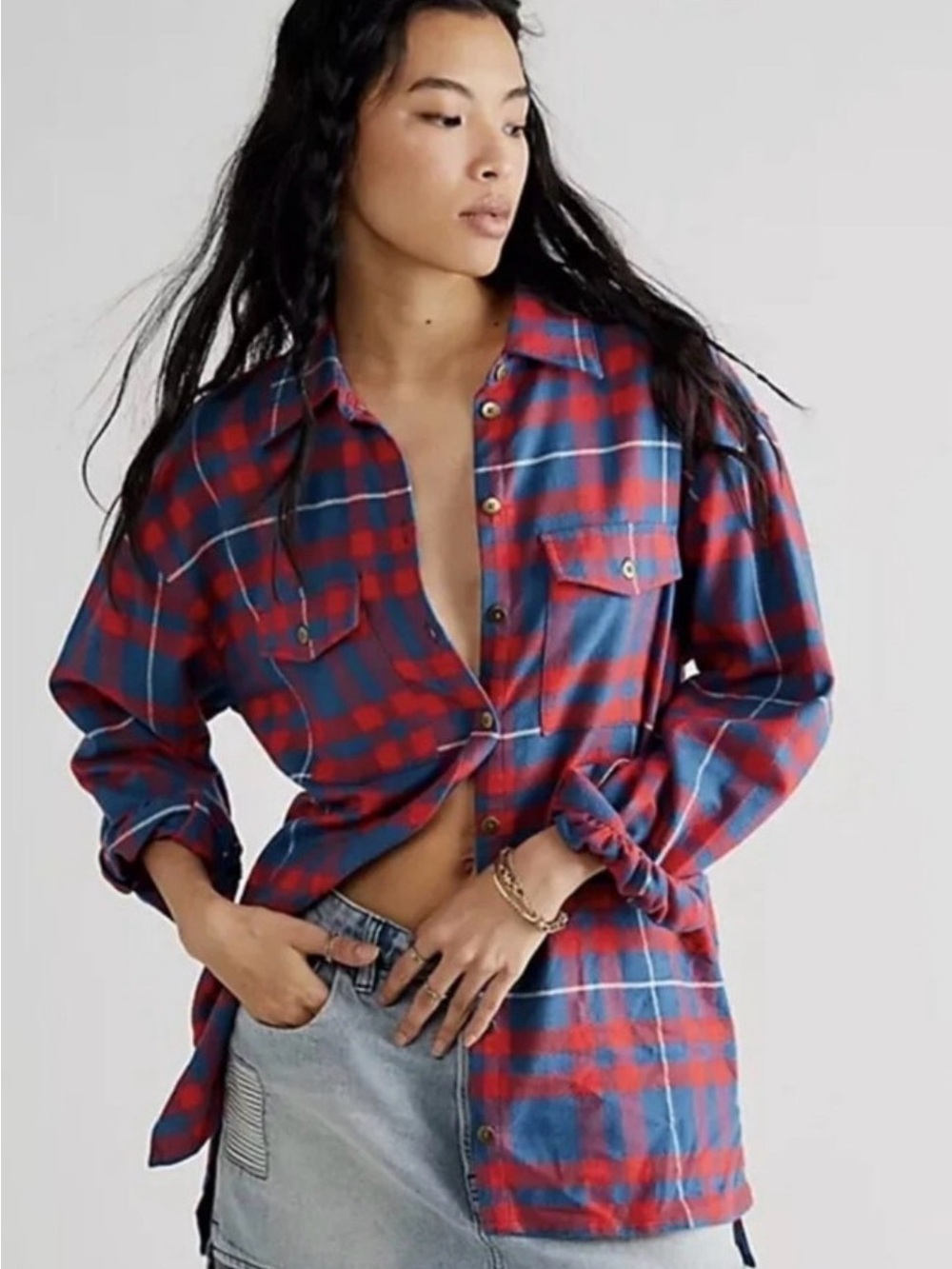 SPELL Basecamp Flannel Navy Red Plaid Organic Cotton Hemp Size S